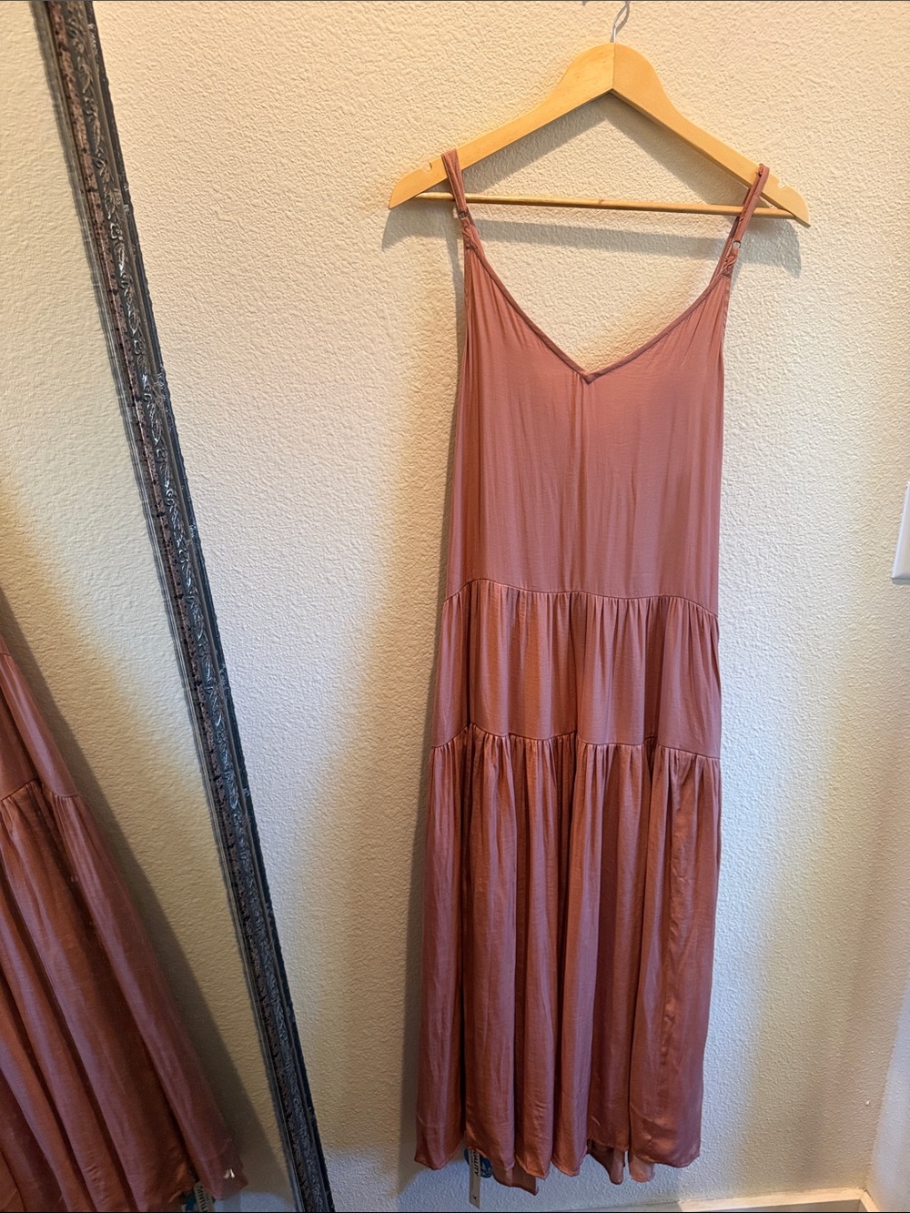 Dusty Rose Tiered Slip Maxi Dress M Fairycore Flowy Romantic Beach Vacation